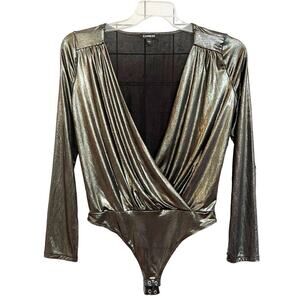 Express Silver Metallic Thong Deep Wrap V-Neck Long Sleeve Bodysuit Small